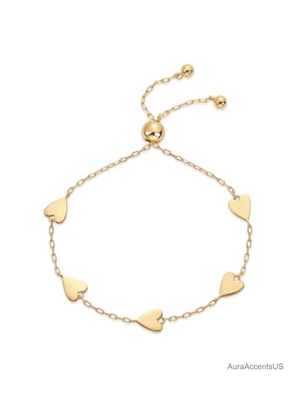 14K Gold Plated Heart Charm Bracelet, 9" Adjustable Link Chain